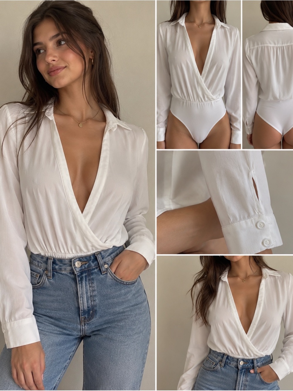 Superdown White Long Sleeve Surplice Bodysuit Size Small Collared Blouse